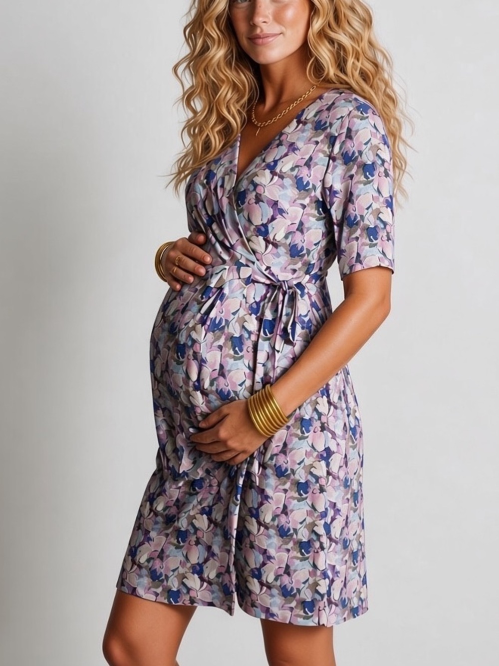 Motherhood Watercolor Floral Wrap Purple Blue Maternity Dress